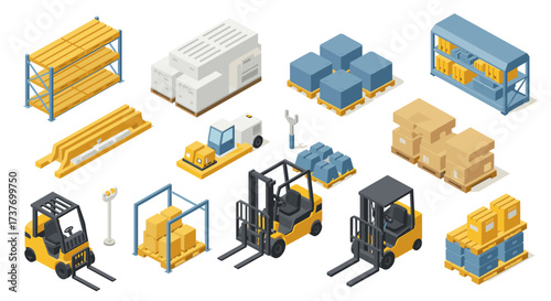 Isometric warehouse equipment and supplies with forklifts and storage racks