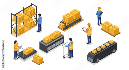 Warehouse operations isometric logistics with workers and packages