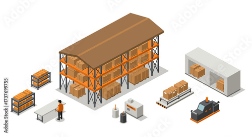 Modern isometric warehouse with logistics and automation elements for efficient storage solutions