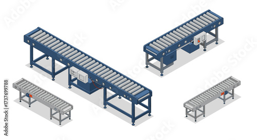 Industrial conveyor belts collection in isometric style with different sizes and designs