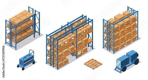 Isometric warehouse storage racks with boxes and forklift elements