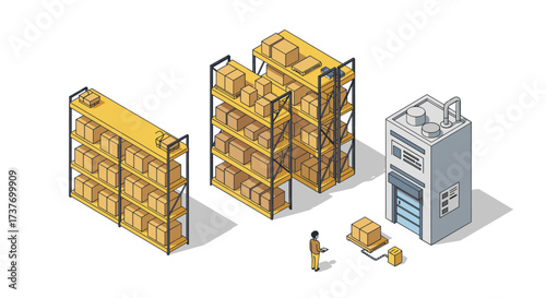 Isometric warehouse automation with stacked boxes and packaging machine