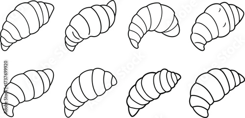 Collection of eight hand drawn black and white croissants in a simple line art style