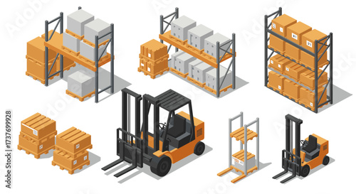 Isometric warehouse equipment and storage layout with forklift and pallet racks