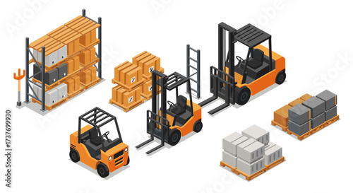 Isometric warehouse equipment with forklifts and pallets for efficient logistics