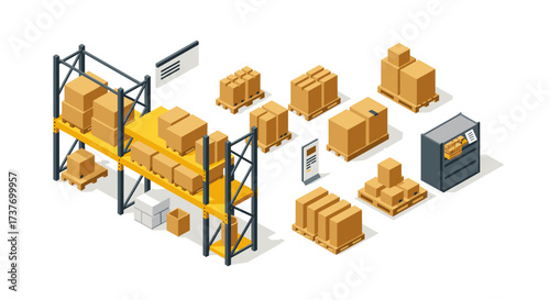 Modern isometric warehouse scene with packages on racks and pallets