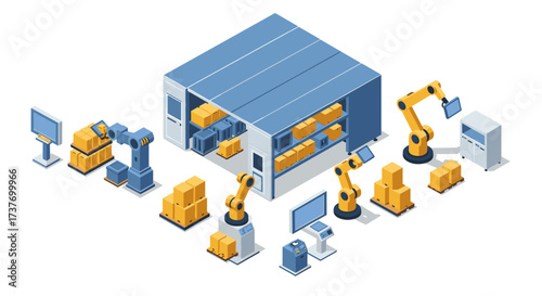 Isometric warehouse automation with robotic arms and packaging station