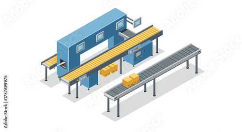 Isometric automated conveyor system with cardboard boxes in a modern warehouse setting