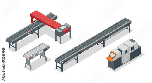 Isometric conveyor system with industrial machinery and automation setup