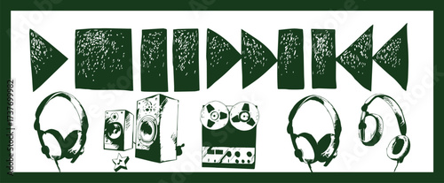Set of flat illustrations of musical instruments, headphones, microphones, tape recorder, gramophone and radio in cartoon, hand-drawn style