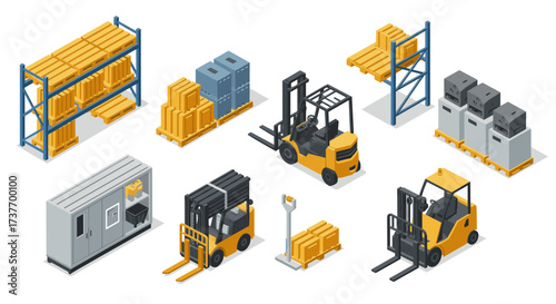 Isometric warehouse equipment and storage solutions with forklifts and pallet racks