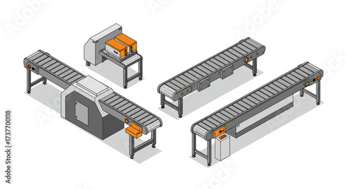 Isometric conveyor belt system with packaging machines and industrial components