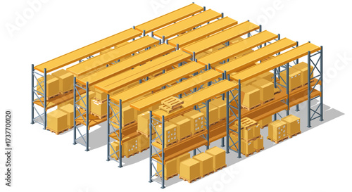 Warehouse storage system with racks and cardboard boxes in isometric design