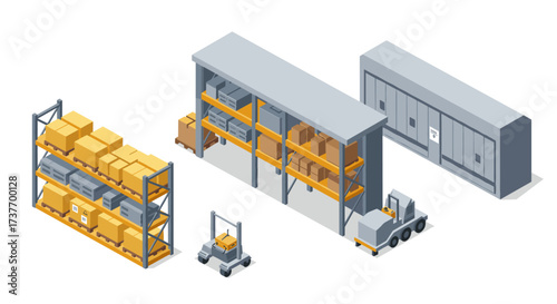 Isometric warehouse equipment and shelving storage solutions and industrial logistics