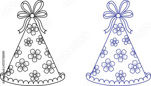 Whimsical party hats adorned with floral patterns and festive bows, ready for celebration.