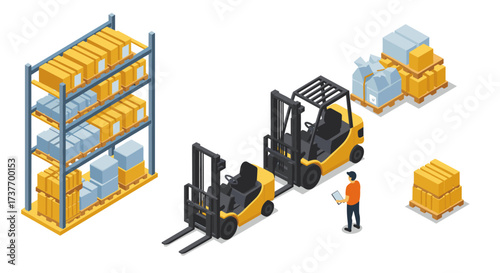 Isometric warehouse scene with forklifts, worker and shelves