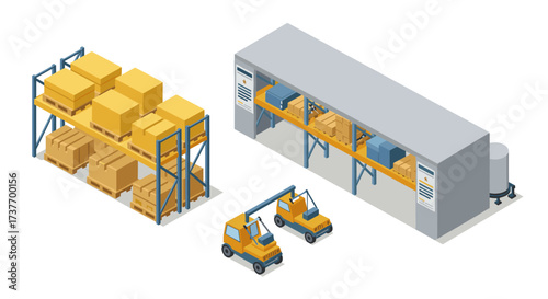Isometric warehouse storage with heavy equipment and pallet racks