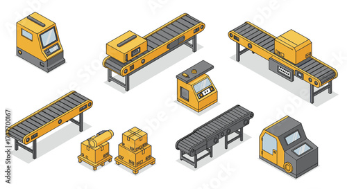 Isometric industrial conveyor system with factory machines and equipment