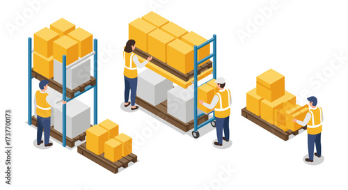 Warehouse team organizing packages on shelves in isometric style