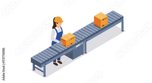 Isometric conveyor belt with worker handling packages in warehouse setting
