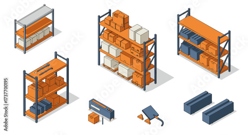 Isometric warehouse shelving units with boxes and racks