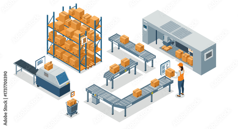 Obraz premium Automated warehouse with conveyor system and packaging process