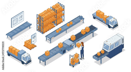 Isometric warehouse automation with conveyor belts and shipping drones