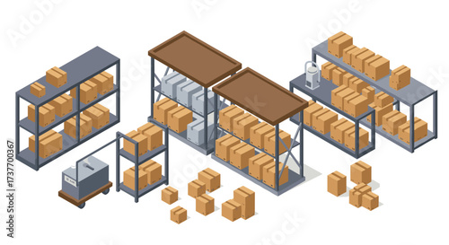 Isometric warehouse storage with shelves and cardboard boxes