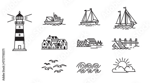 Nautical seaside scene icons collection lighthouse sailboats village buildings waves sunbirds outline art vector