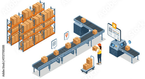 Warehouse automation and logistics advanced conveyor belt systems in isometric design
