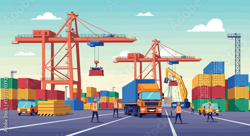 Busy shipping port with cranes trucks and cargo containers.