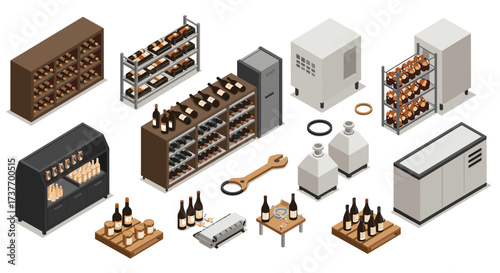 Isometric wine cellar equipment and bottles collection for modern brewery