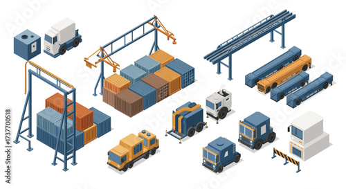 Isometric logistics elements with trucks, cranes, and containers for warehouse design