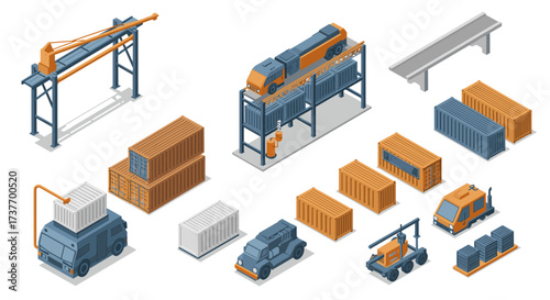 Isometric cargo logistics and container transport infrastructure scene