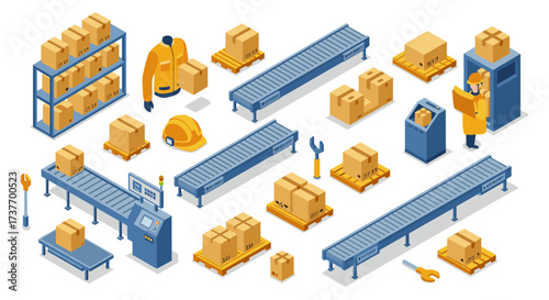 Industrial warehouse isometric scene with packing and shipping elements