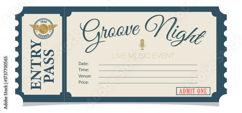 Music Event Ticket. Retro Ticket Design. Old and Vintage Ticket Template. Date Venue Price Template