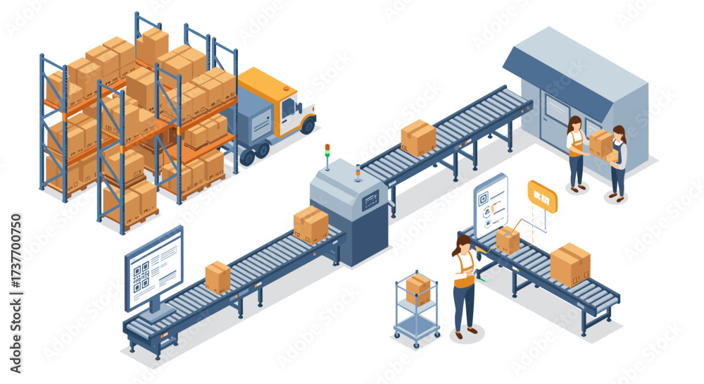Obraz premium Automated warehouse conveyor system with workers in isometric style