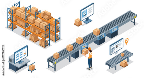 Isometric warehouse automation with conveyor belts and package sorting technology