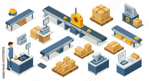 Isometric warehouse automation with conveyor belt and packaging machines