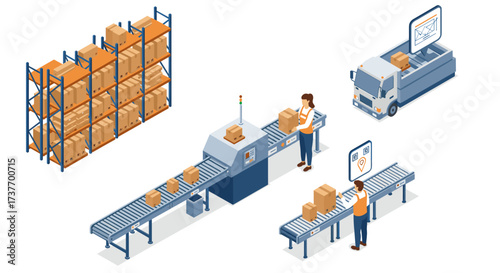 Isometric warehouse automation with conveyor belt and packaging process