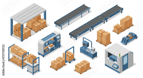 Isometric warehouse logistics with conveyor belts and packaging machines