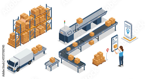 Isometric warehouse automation with conveyor belt and inventory management