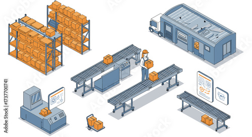 Isometric warehouse automation with conveyor belts and packaging