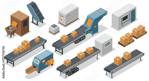 Isometric package processing and conveyor system with modern machinery