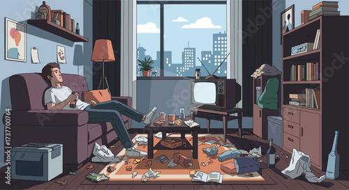 A person relaxing on a couch in a cluttered apartment living room.