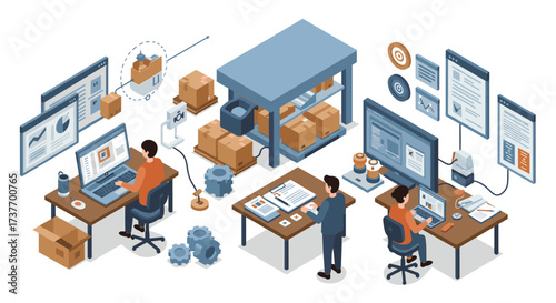 Isometric warehouse office with automated inventory and data management workspace