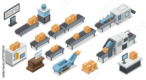 Isometric warehouse automation with conveyor belts and packaging machines