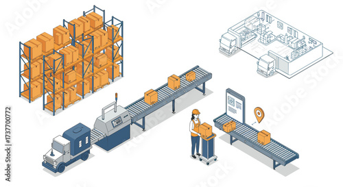 Isometric warehouse logistics with conveyor belts and delivery trucks