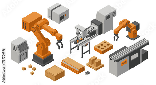 Isometric industrial automation equipment and robotics in modern factory setup