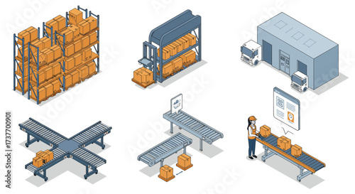 Isometric warehouse logistics with conveyor belts, packaging, and distribution